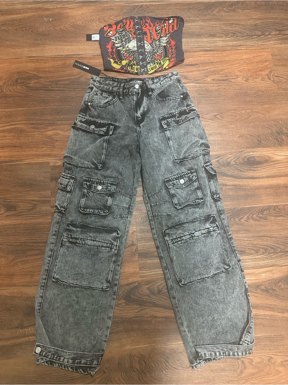 Acid Wash Black Cargo Pocket Jeans AND Tube Top